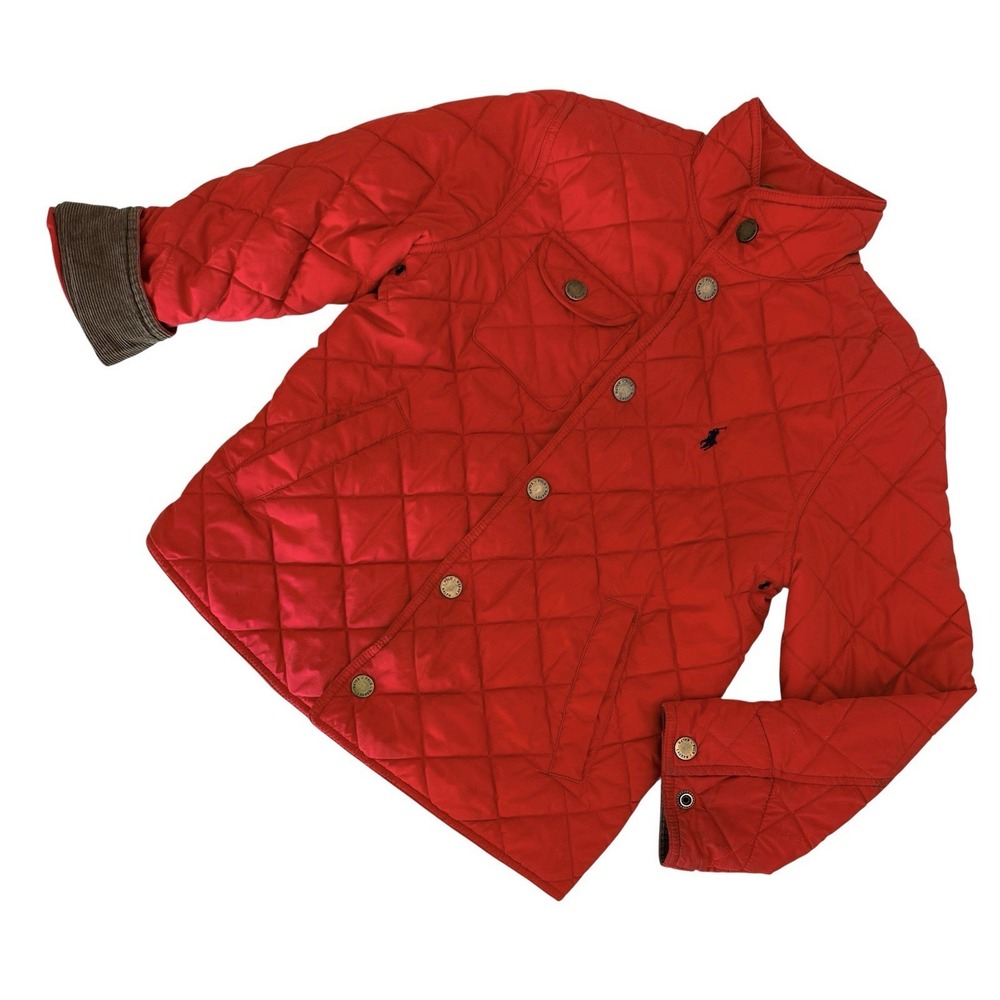 Polo Ralph Lauren Boys Quilted Barn Jacket Red 8 Corduroy Flip Cuff Trim Pony